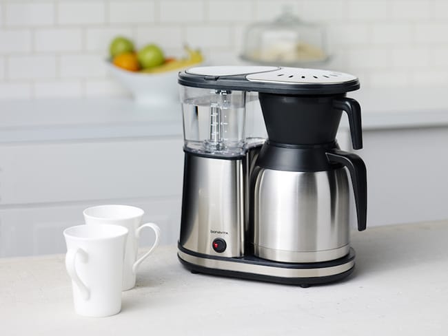 Bonavita BV1900TS and 2 white cups on a white counter top