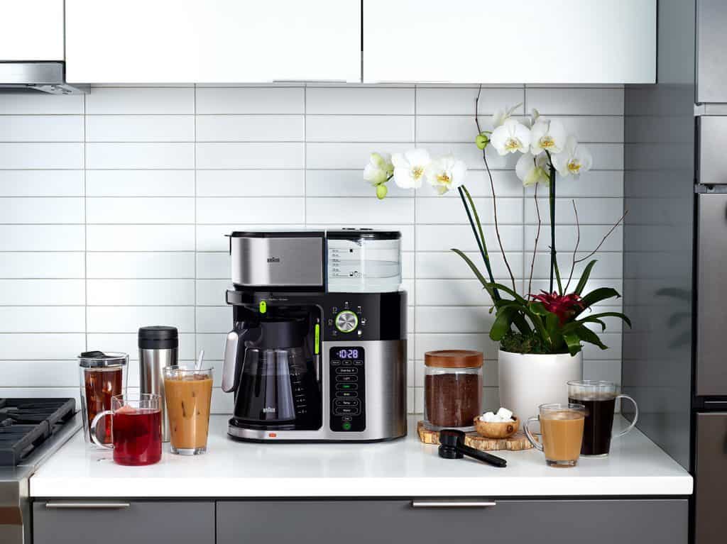 Braun MultiServe dual coffee maker on white counter top